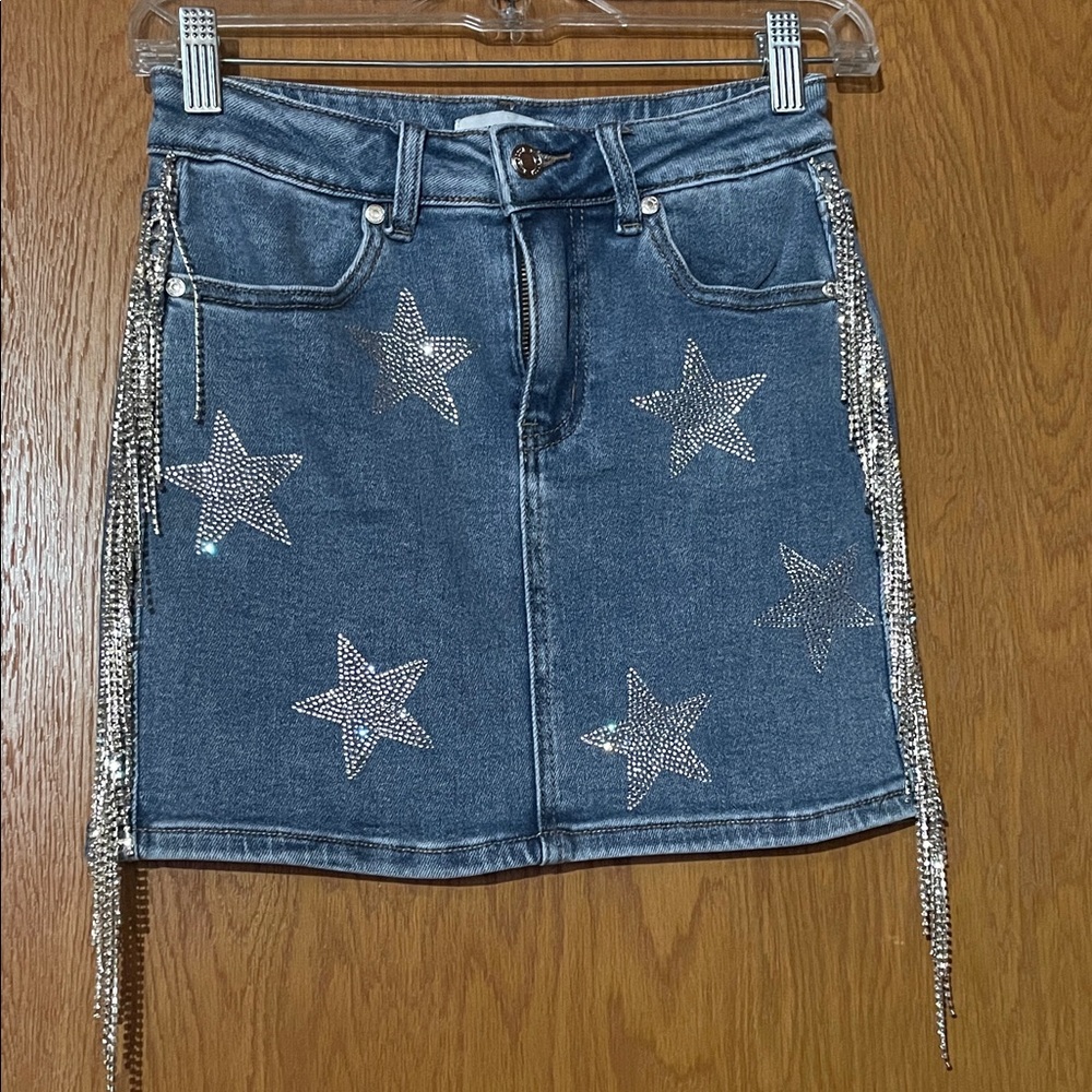 Denim Rhinestone Star Skirt with fringe